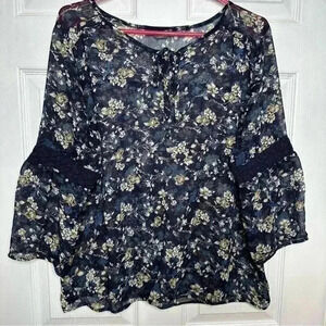 Denver Hayes  Boho Blouse Sheet Flowy Floral Blue/White/Brown Size Extra Large